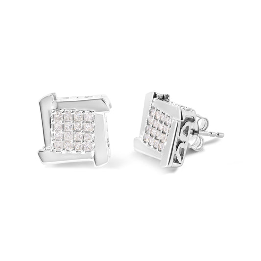 10K White Gold 1/2 Cttw Composite Princess Diamond Square and Swirl Stud Earrings (I-J Color, I1-I2 Clarity)