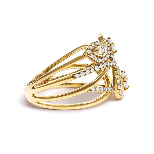 10K Yellow Gold 1/2 Cttw Diamond Crossover 3 Leaf Floral Cocktail Ring Band (H-I Color, SI1-SI2 Clarity) - Size 7