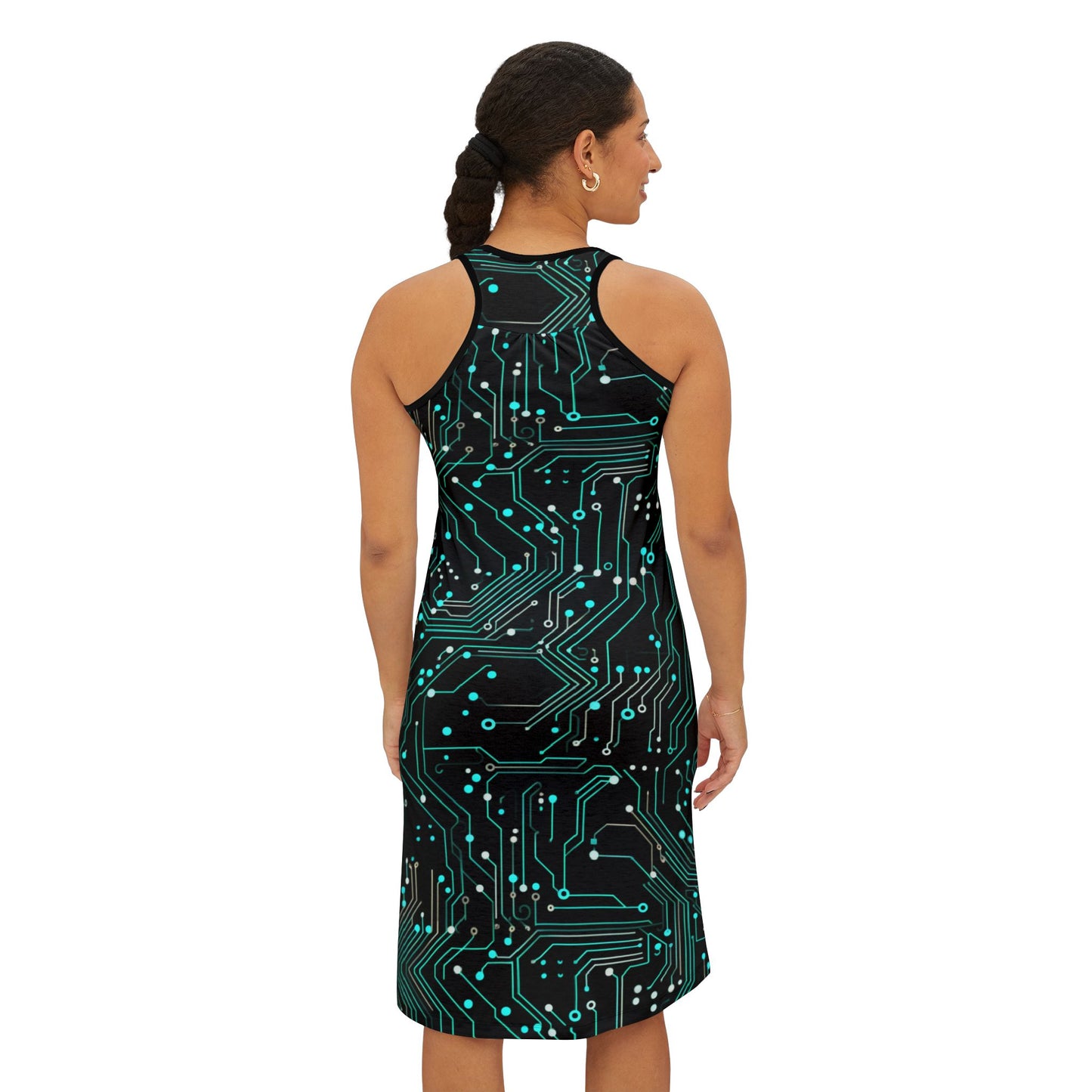 Glowing Gridlines: Cyberpunk Women's Tech-Inspired Racerback Dress - Circuit Design