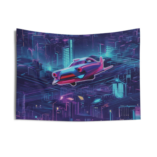 Futuristic Cyberpunk Cityscape Tapestry with Flying Car - Neon Wall Art for Modern Decor