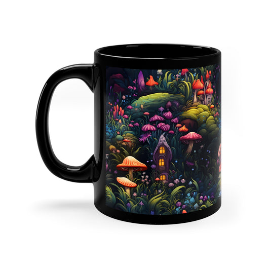 Fairy Tale Magical Forest With Colorful Mushrooms with little gnome girl11oz Black Mug