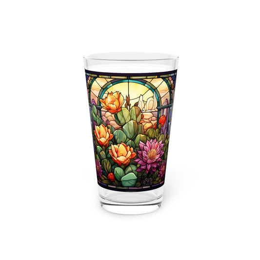 Desert Bloom: A Stained Glass Tribute to Cacti 16oz Pint Glass Gift idea gifts for home decor housewarming gift