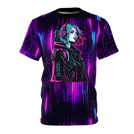 Neon Futuristic Lights Cyberpunk Girl Unisex Cut & Sew Tee (AOP)