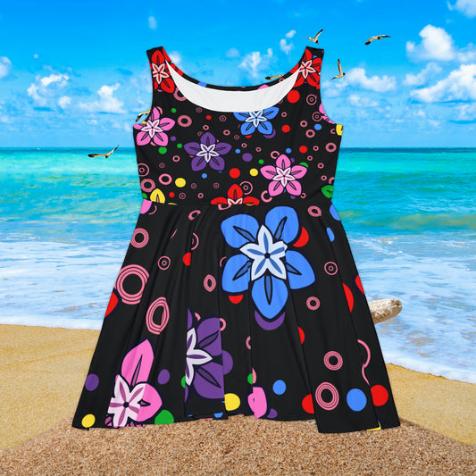 Good Times Good Vibes Feeling Groovy Retro Colorful Flowers Women's Skater Dress (AOP)