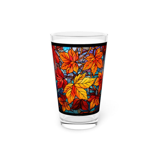 Autumnal Beauty: A Colorful Stained Glass Tribute to Fall Leaves 16oz Pint Glass Gift idea gifts for home decor housewarming gift