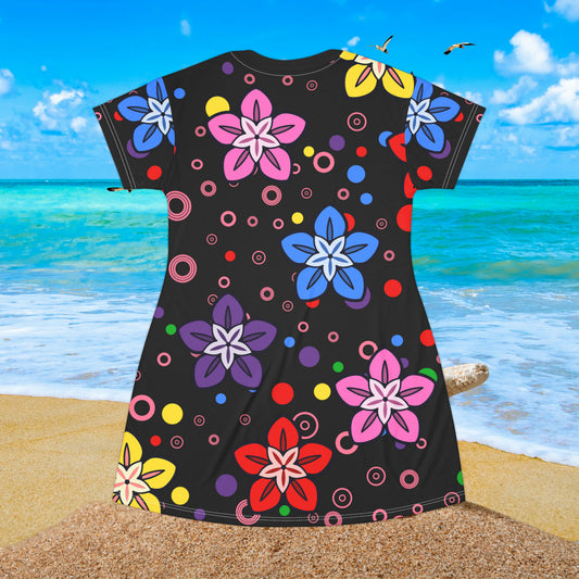 Retro Colorful Flowers Feeling Groovy All Over T-Shirt Dress (AOP)