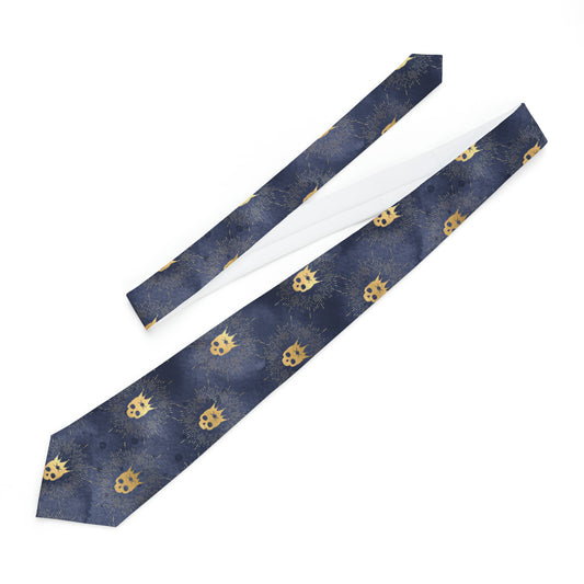 "DirkyThreadz Regal Skull Necktie - Bold and Sophisticated Gold Crown Design on Dark Blue"