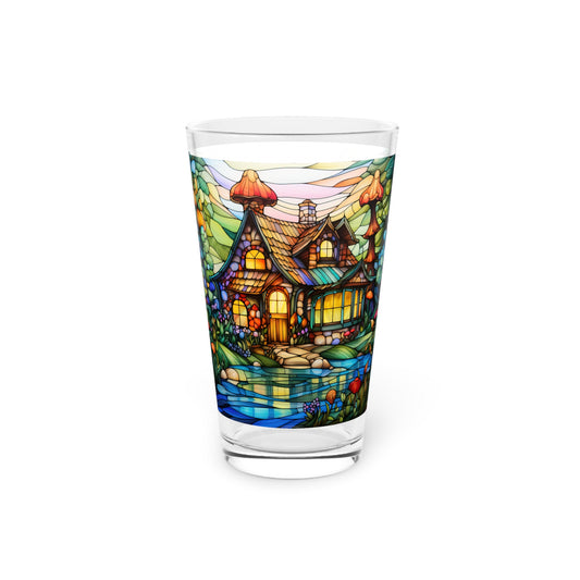 Enchanting Gnome Cottage: A Whimsical Stained Glass Masterpiece 16oz Pint Glass Gift idea gifts for home decor housewarming gift