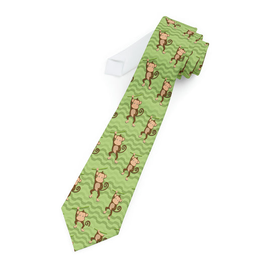 "DirkyThreadz Monkey Mayhem Necktie - Whimsical Green Design with Cartoon Monkeys"