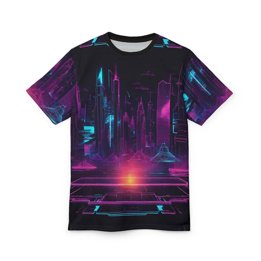 Futuristic Neon City Unisex Tee, Retro Graphic Shirt, Sci-Fi Fashion Top, Gift for Tech Lovers, AOP T-Shirt