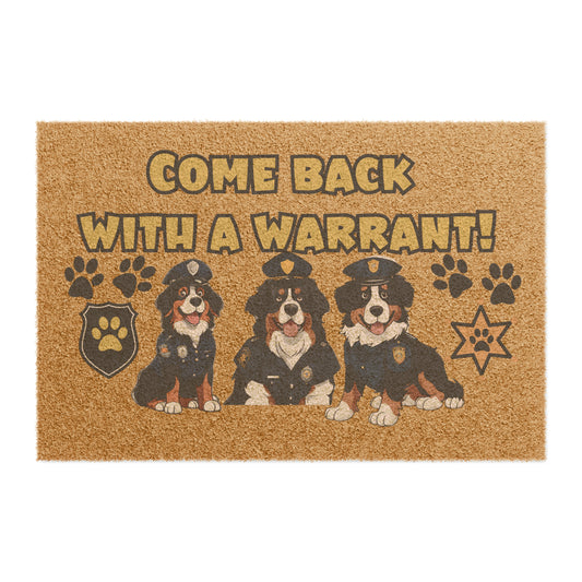 Funny 'Come Back with a Warrant' Bernese Mountain Dog Police Officers Doormat | 24" x 16" | Outdoor Coir Welcome Mat