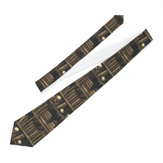 "DirkyThreadz Gothic Vintage Necktie - Antique Library and Skull Design for Bold Elegance"