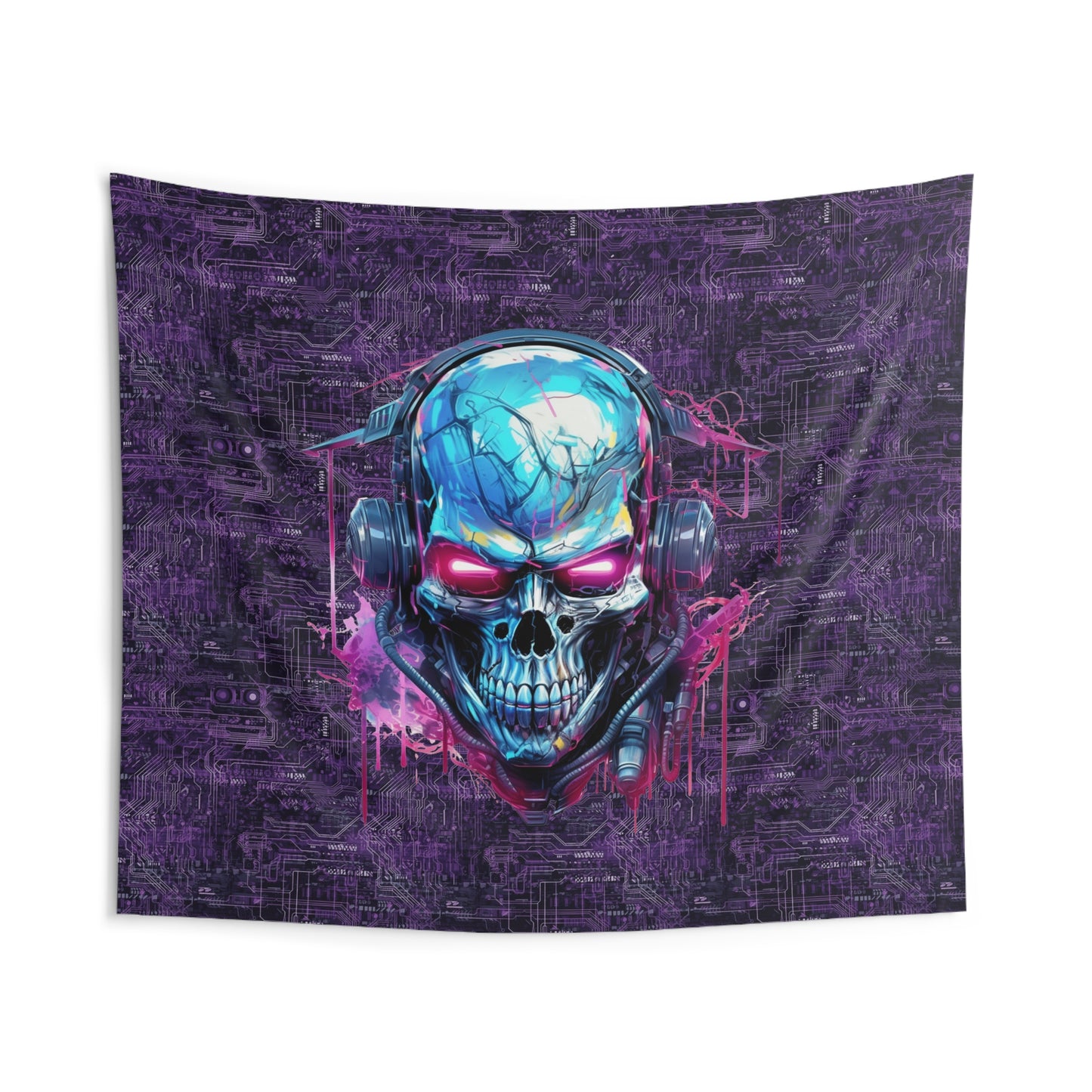 Cyber Punk Robotic Skull on Purple Neon Circuit Board Indoor Wall Tapestries