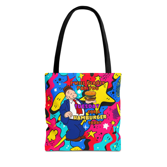 Abstract Comic Pop AOP Tote Bag featuring Wimpy and his beloved hamburger