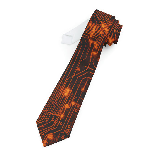 "DirkyThreadz Circuit Elegance Necktie - Bold Black and Orange Tech-Inspired Design"