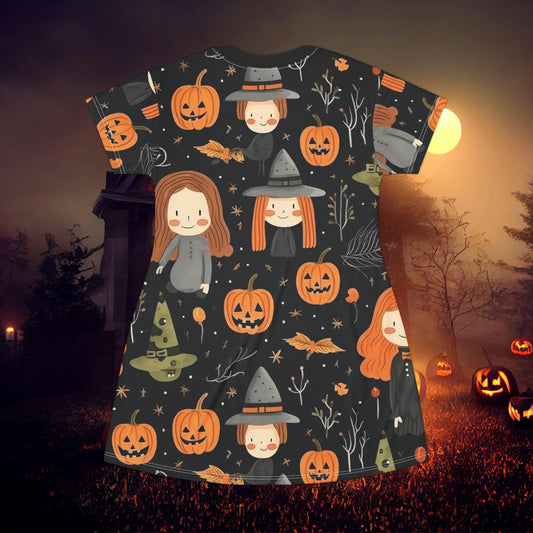 Halloween Trick or Treat Ghosts Witch Hats Jack o Lanterns T-Shirt Dress (AOP)