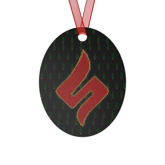 Sessmas Bell of Truth Approved by Shuli, Denied by Hack Comics Metal Ornament — Festive Shadow Figure & Red Emblem Holiday Bell Ornament