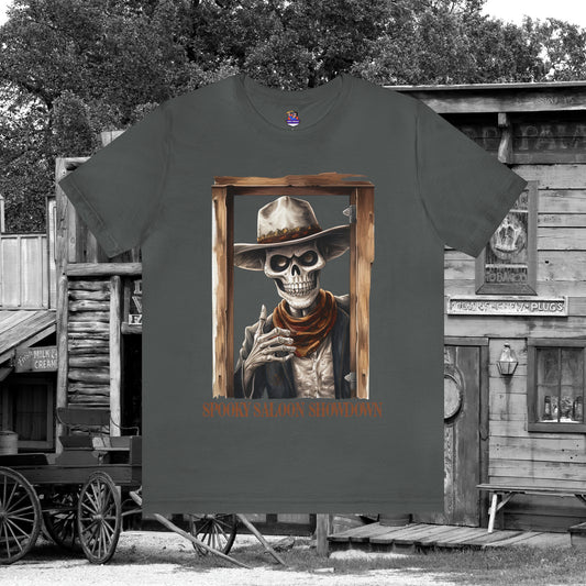 Spooky Saloon Showdown Gunslinging Skeleton Cowboy Halloween Unisex Jersey Short Sleeve Tee