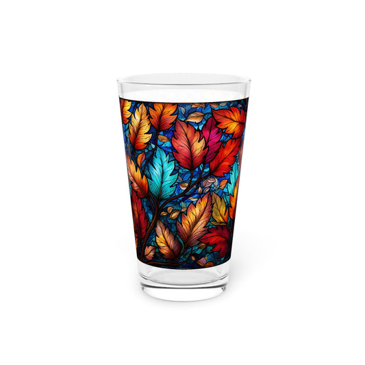 Autumnal Beauty: A Colorful Stained Glass Tribute to Fall Leaves 16oz Pint Glass Gift idea gifts for home decor housewarming gift