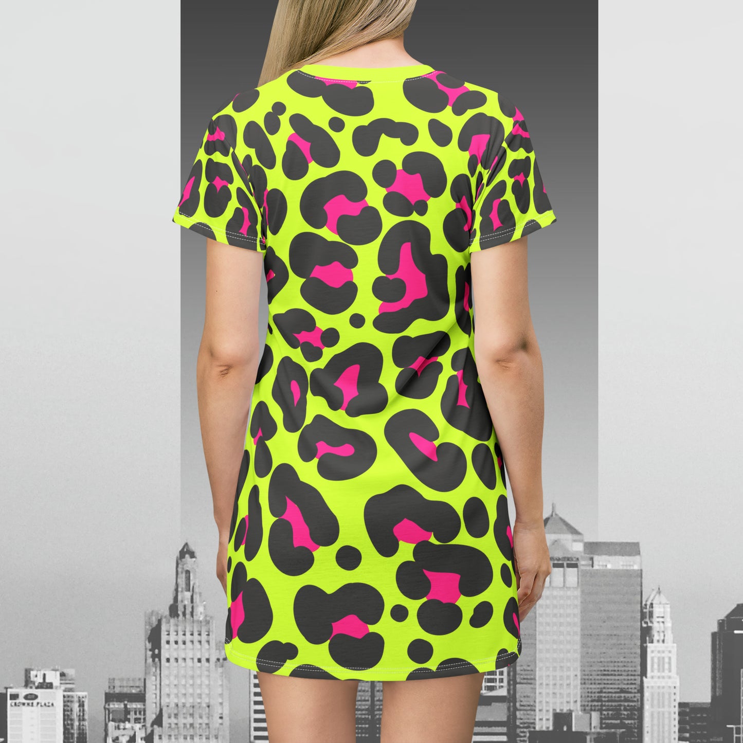 Neon Pink Leopard print on Bright Yellow T-Shirt Dress (AOP)