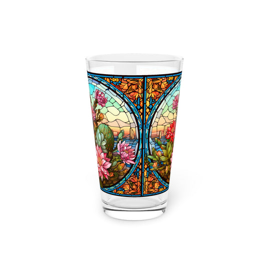 Desert Bloom: A Stained Glass Tribute to Cacti 16oz Pint Glass Gift idea gifts for home decor housewarming gift