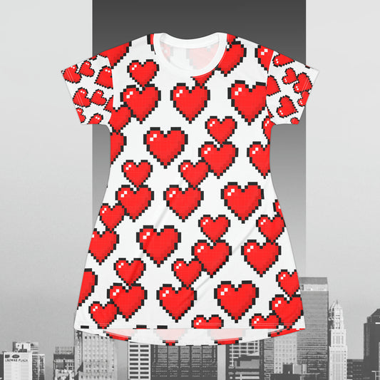 8 Bit Hearts on White T-Shirt Dress (AOP)