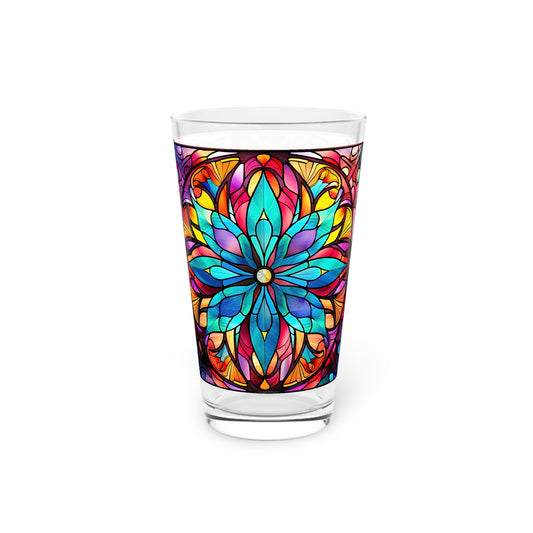 Blooming Beauty: A Rainbow-Colored Flower Stained Glass Masterpiece 16oz Pint Glass Gift idea gifts for home decor housewarming gift