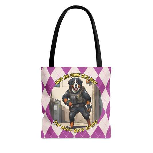 Bernese Mountain Dog Tote Bag | AOP Purple Rhombus Pattern | 'When the Going Gets Ruff, the Ruff Get Going' SWAT Gear Dog Art