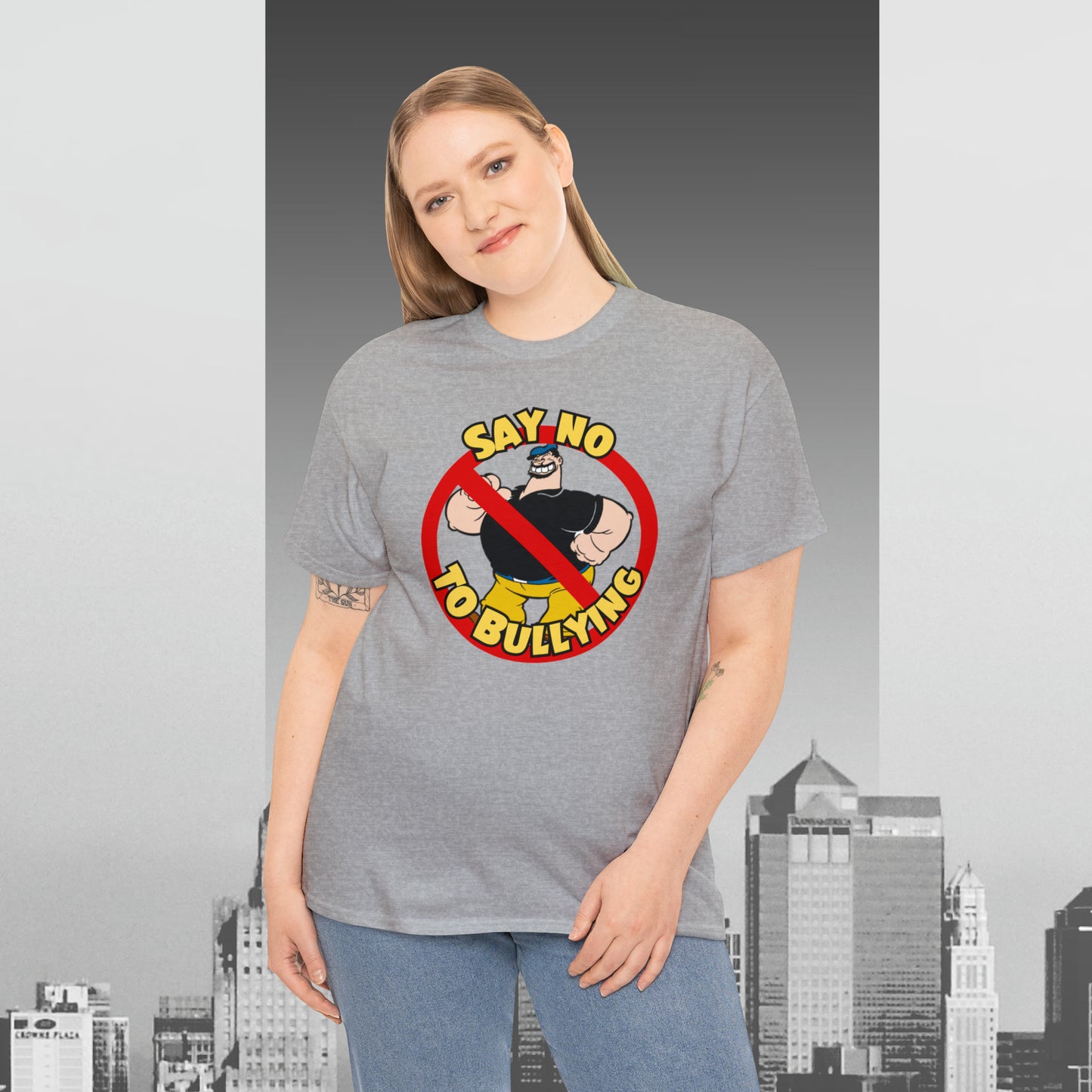 Popeye-Inspired 'Say No to Bullying' T-Shirt - Unisex Gildan 5000 Heavy Tee with Bluto Design