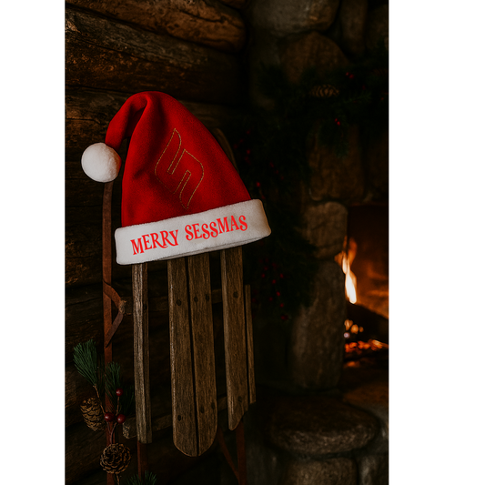 Sled Into Sessmas — The Hat That Roasts Hack Comics by the Fire Santa Hat — Merry Sessmas Embroidered Holiday Hat