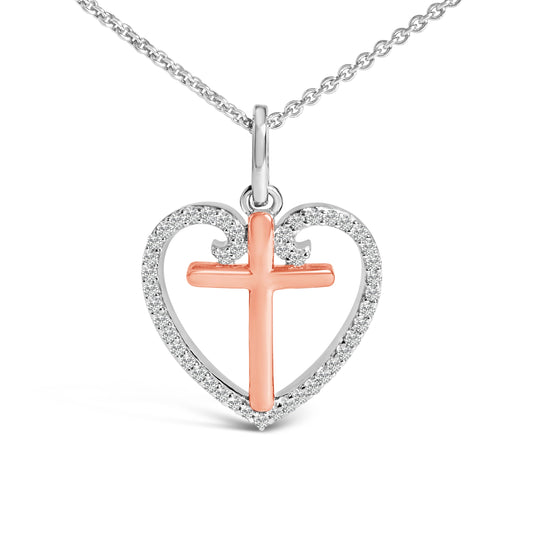 14K Rose Gold Plated Sterling Silver 1/5 Cttw Diamond Heart Cross Pendant Necklace