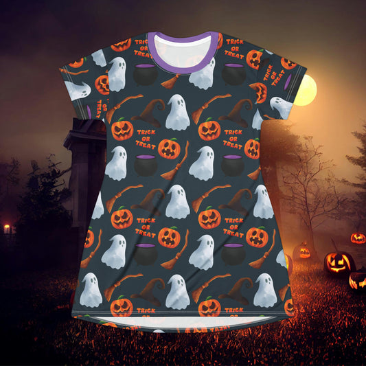 Halloween Trick or Treat Ghosts Witch Hats Jack o Lanterns T-Shirt Dress (AOP)