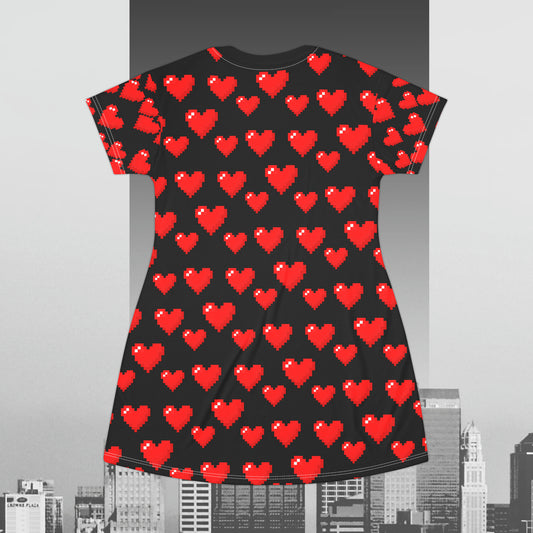 8-bit Heart in Black T-Shirt Dress (AOP)