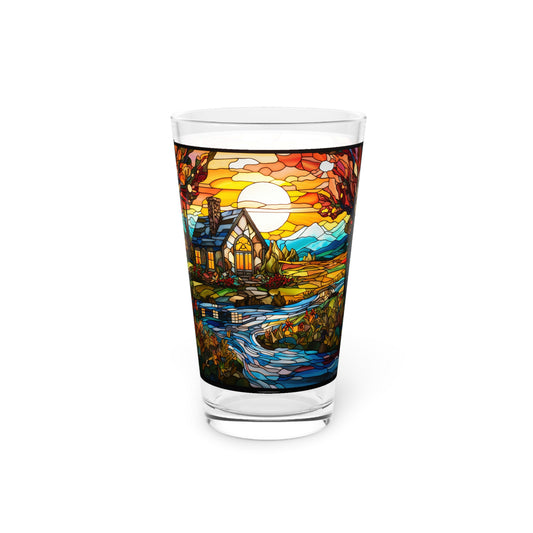 Rural Serenity: a charming farmhouse nestled amidst lush greenery, near a babbling brook 16oz Pint Glass Gift idea gifts for home decor housewarming gift