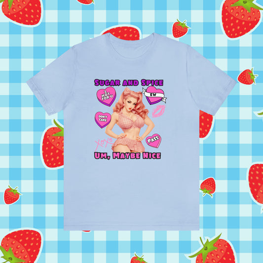 Sarcastic Elegance: Vintage Pink Pinup Girl "Sugar and Spice" on a Bella+Canva 3001 Unisex Jersey T-Shirt - A Must-Have Gift for her