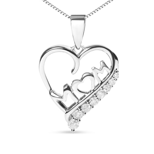 .925 Sterling Silver 1/4 Cttw Diamond "Mom" and Open Heart 18" Pendant Necklace (I-J Color, I2-I3 Clarity)