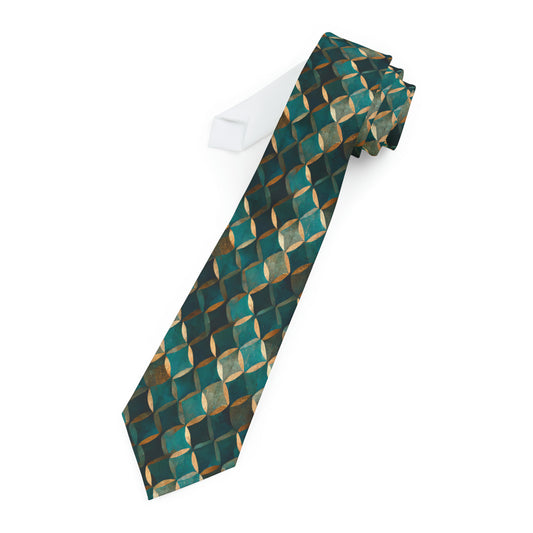 "Geometric Elegance Necktie - Timeless Style with Teal, Green & Gold Sophistication
