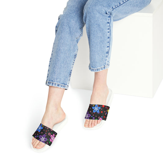 Good Times Good Vibes Feeling Groovy Retro Colorful Flowers Women's PU Slide Sandals
