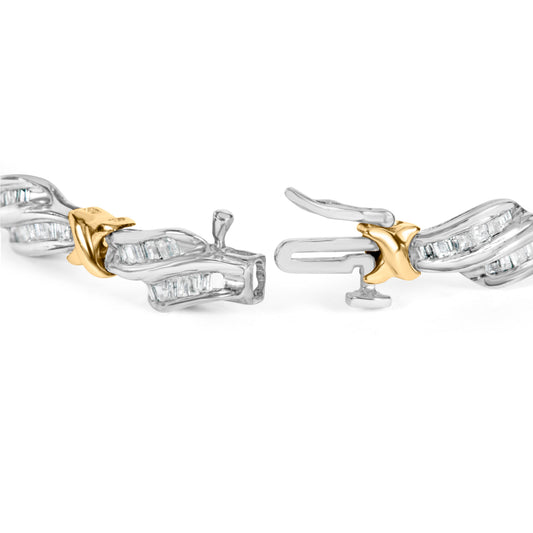 10k Two-Toned Gold 2.00 Cttw Channel Set Baguette-Diamond Weave and "X" Spiral Link Bracelet (H-I Color, I1-I2 Clarity) - 7"