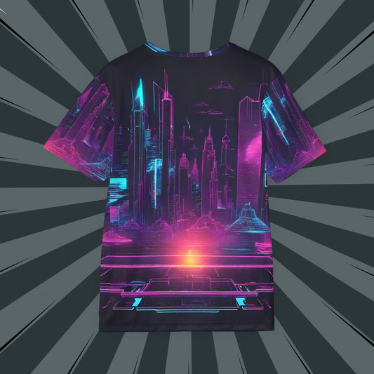 Futuristic City Design, Cyberpunk Jersey, Neon Graphic Tee, Cool Sportswear, Gift for Gamers & Tech Lovers