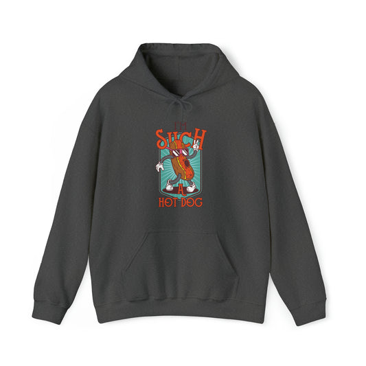 "DirkyThreadz Hot Dog Coolness Hoodie - Quirky Cartoon Design in Bold Blue"