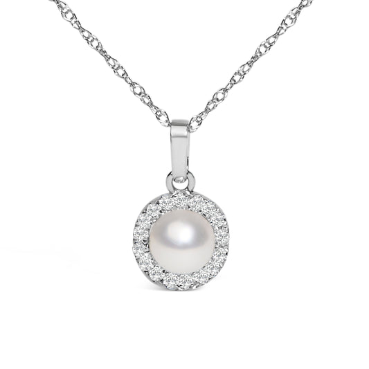 10K White Gold 5MM Cultured Pearl and Diamond Accent Halo Pendant Necklace