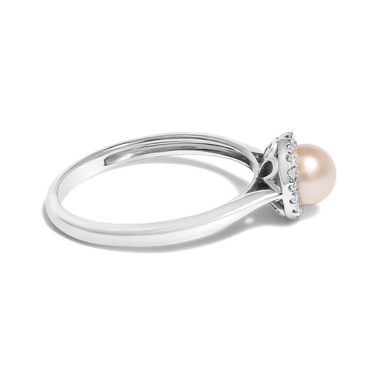 10K White Gold 5MM Cultured Freshwater Pearl and Diamond Halo Ring (I-J Color, I1-I2 Clarity) - Ring Size 6.5