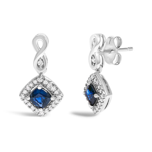 10K White Gold Blue Sapphire and Diamond Halo Cushion Shaped Drop Earrings (I-J Color, I1-I2 Clarity)