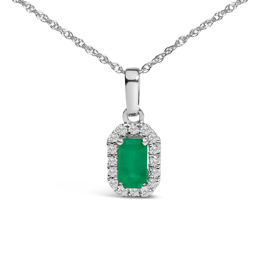 10K White Gold 5x3mm Green Emerald and Diamond Accent Halo Octagonal Shape 18" Pendant Necklace (I-J Color, I1-I2 Clarity)