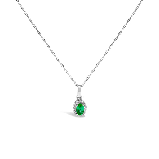 10K White Gold 5x3mm Green Emerald and Diamond Accent Halo Oval Shape 18" Pendant Necklace (I-J Color, I1-I2 Clarity)