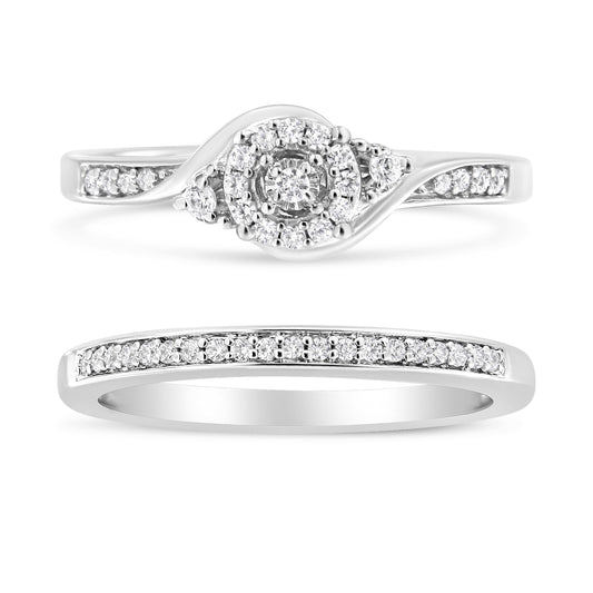 .925 Sterling Silver 1/4 Cttw Diamond Halo and Swirl Engagement Ring and Wedding Band Set (I-J Color, I3 Clarity)- Ring Size 7