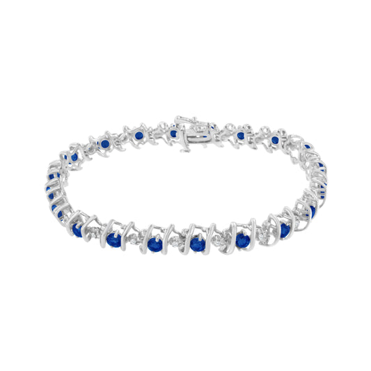 .925 Sterling Silver, Lab-Grown Gemstone and 4 Cttw Round Diamond Tennis Bracelet (H-I Color, I1-I2 Clarity) - Created Blue Sapphire, September Birthstone