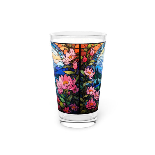 Mountain Creek Serenity, A Pink Floral Stained Glass artwork on a 16oz Pint Glass Gift idea, gifts for home decor, housewarming gift