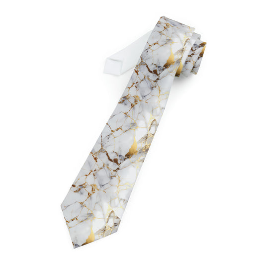 "DirkyThreadz Marble Elegance Necktie - Luxury White and Gold Design for Timeless Style"